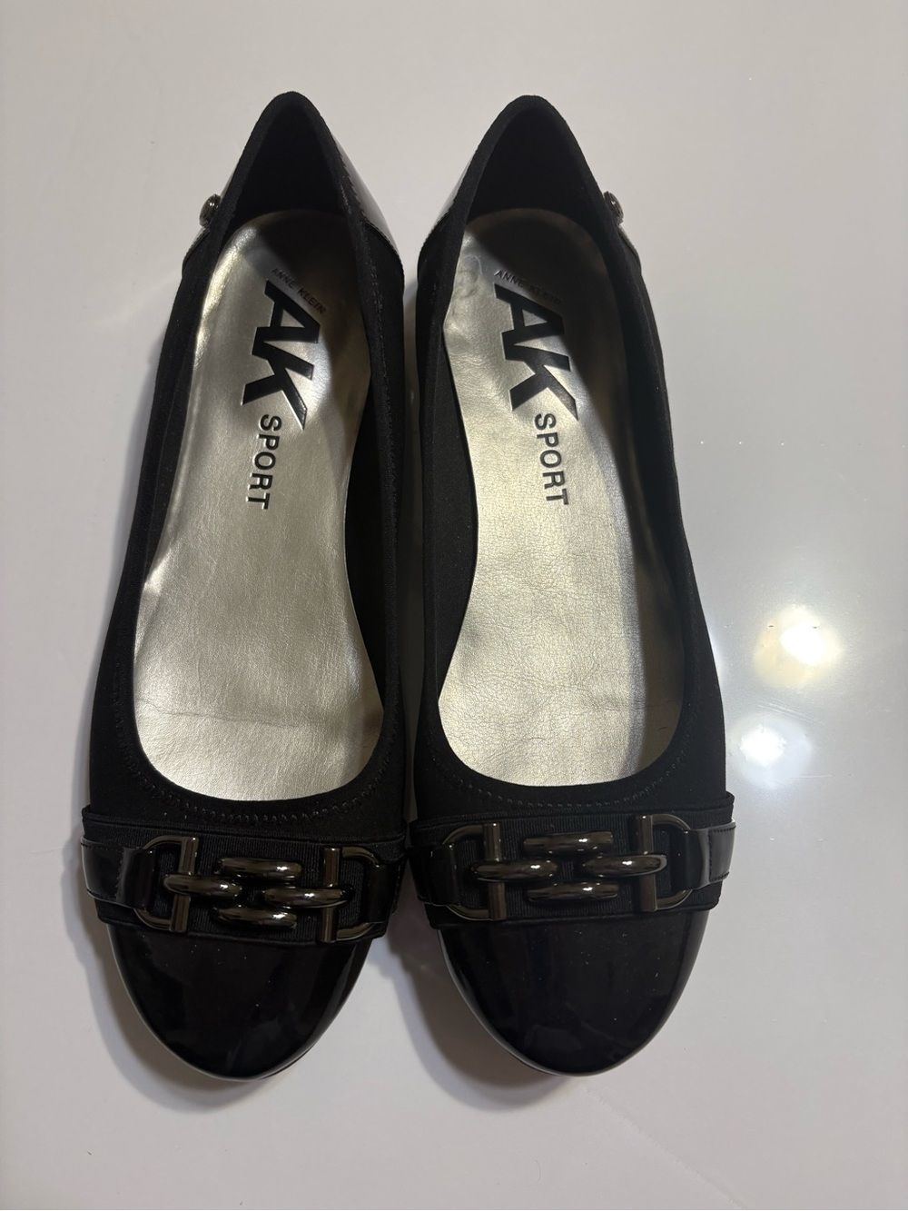 Anne Klein Sport Black Chain-Trim Patent Toe Ballet Flats